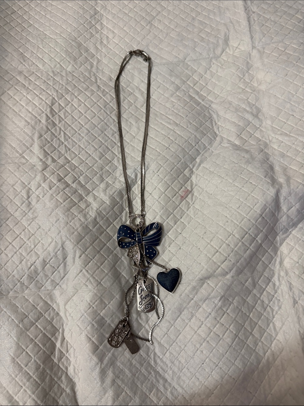 Y2k guess Silver-tone Necklace with Blue Bow and Heart Charms
